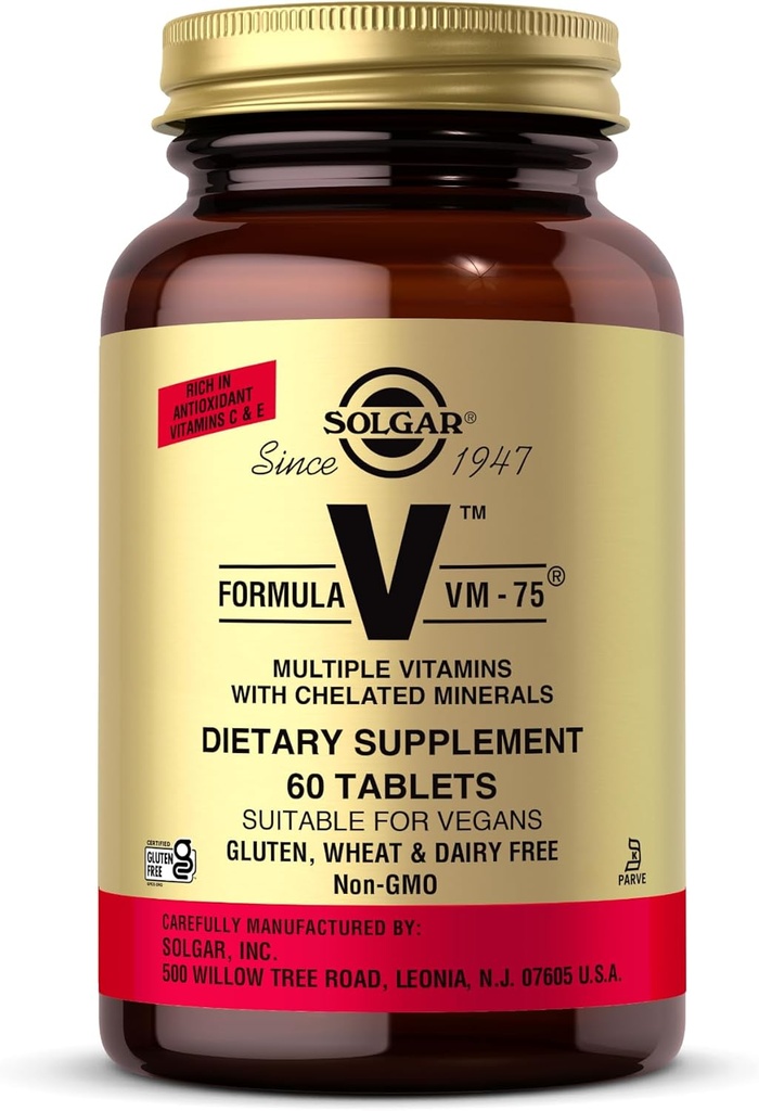 Solgar Formula VM-75, 60 Tablets - Multivitamin with Chelated Minerals - Vitamin A, B6, B12, C, D, E - Biotin, Magnesium, Calcium, Iron, Zinc - Vegan, Gluten Free, Dairy Free, Kosher - 60 Servings