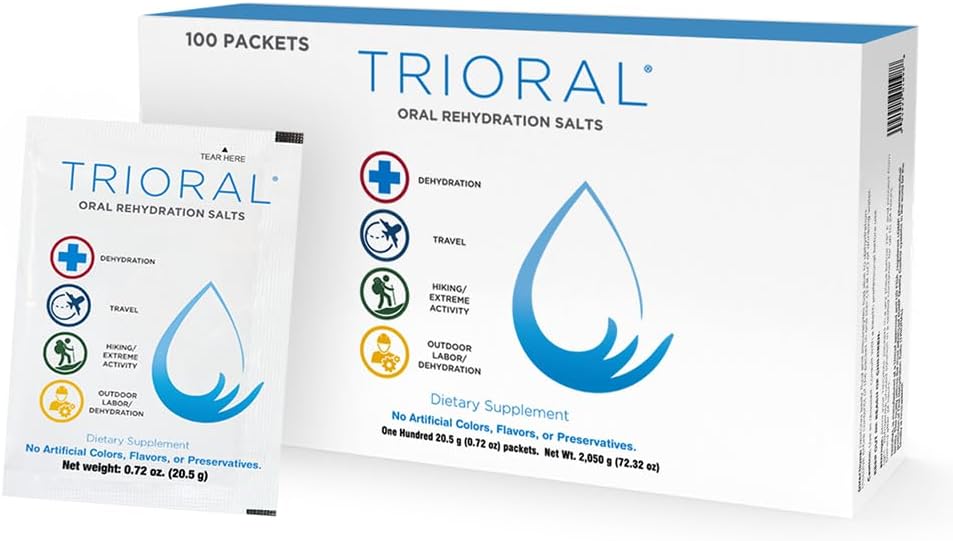 TRIORAL Rehydration Electrolyte Powder - Oral Rehydration Salts - Supports Dehydration from Workouts, Fluid Loss and General Hydration - 100 Drink Mix Packets