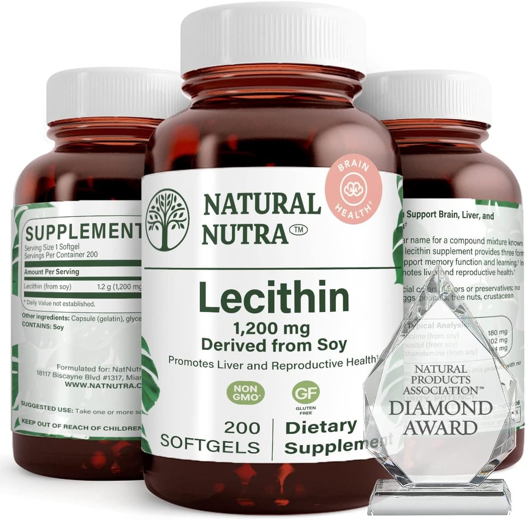 Natural Nutra Soy Lecithin 1200 mg Dietary Supplement - Brain Function, Liver Health, Improve Procreant Health, Boosting Supplement - Gluten-Free, BPA-Free, 200 Softgels in Recyclable Glass Bottles
