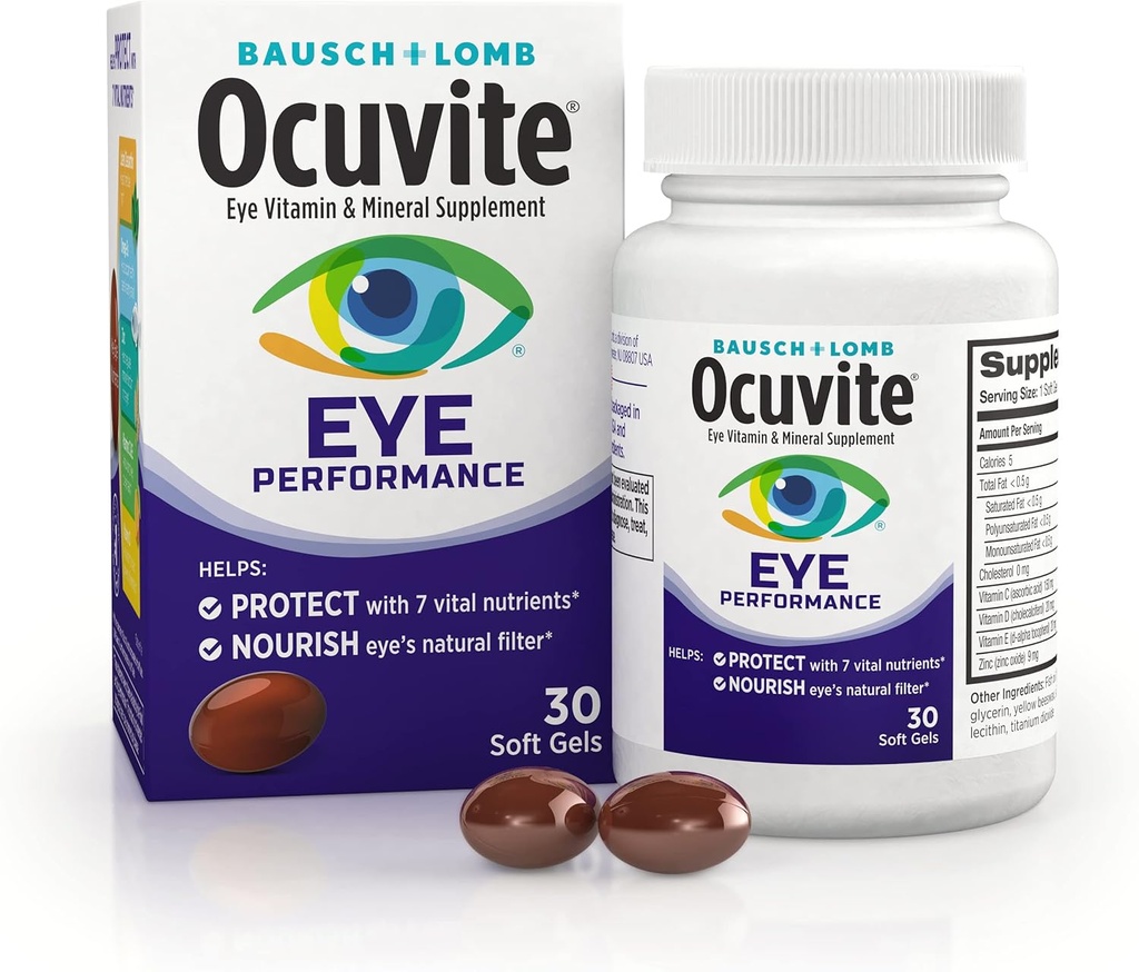 Ocuvite Eye Performance Vitamin & Mineral Supplement, Lutein and Zeaxanthin Supplements, Vitamins C, D, E, Zinc, and Omega-3, Helps Protect Eyes from Sun and Blue Light, 30 Softgels