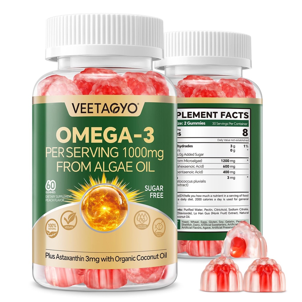 Vegan Omega 3 Gummies 1200mg - Dual Layer - Fish Oil Alternative, Marine Algae Omega 3 Supplement DHA 600mg, EPA 400mg with Astaxanthin,Sugar Free,60 Cts