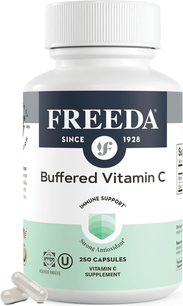 FREEDA Vitamin C - Buffered Vitamin C 500mg - Kosher - Powerful Antioxidant Immune Support - Sensitive Stomach Vitamins C Capsules Calcium Ascorbate - Vitamin C 500 mg - VIT C Supplement (250 Count)