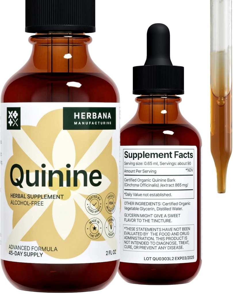 Quinine Liquid Extract 2 fl oz - Supplement for Digestive Health Support - Natural Liquid Drops - Cinchona Officinalis Bark - Tincture for Cramp Defense for Man & Woman - High Potency - 45-Day Supply