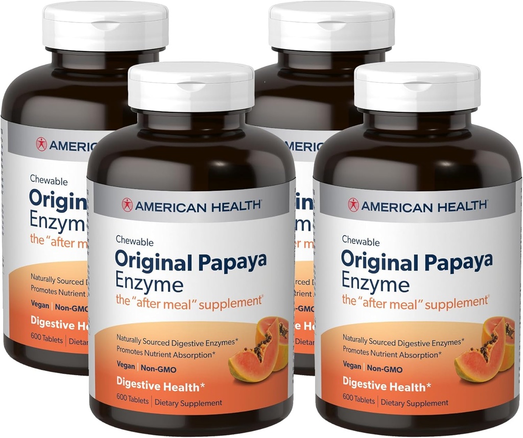 American Health Original Papaya Enzyme - 600 Chewable Tablets, Pack of 4 - The After-Meal Supplement - Non-GMO, Vegan - 800 Total Servings