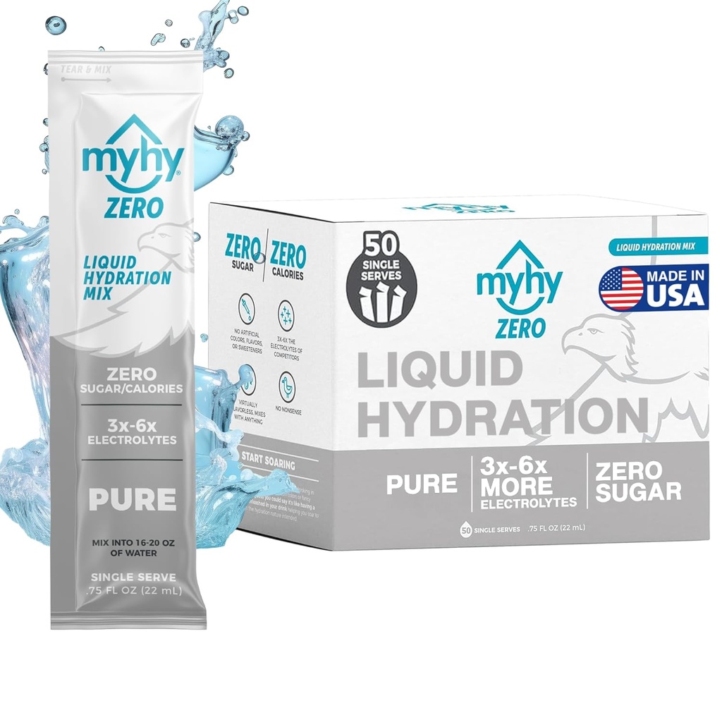 MyHy ZERO Liquid Hydration Packets, Sugar Free Electrolyte Drink Mix for Hydration Support, Dehydration Relief for Travel, Pregnancy, Fitness, Bachelor & Bachelorette Party – Pure, 50 Count