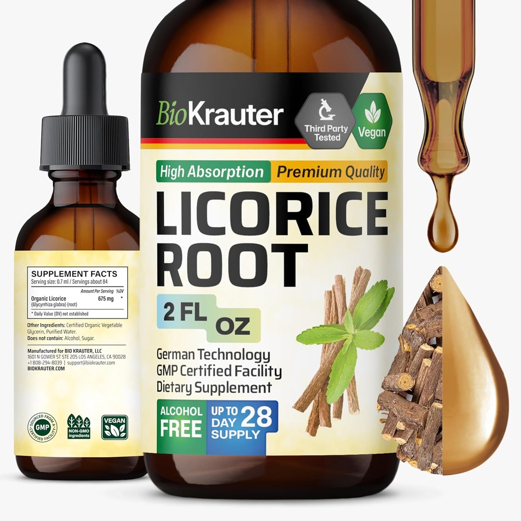 BIO KRAUTER Licorice Root Tincture - Licorice Root Extract for Digestive Support - Alcohol and Sugar Free - Vegan Drops 2 Fl.Oz.