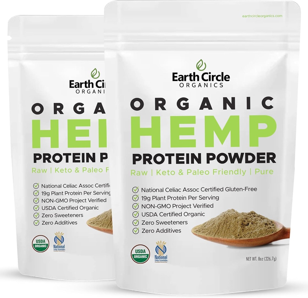 Earth Circle Organics Organic Hemp Protein Powder, Lab Tested 100% Gluten Free, Plant Based & Vegan Raw Protein Powder - Perfect for Keto, Meal Replacement Shakes, Pre & Post Workout (8oz, Pack of 2)