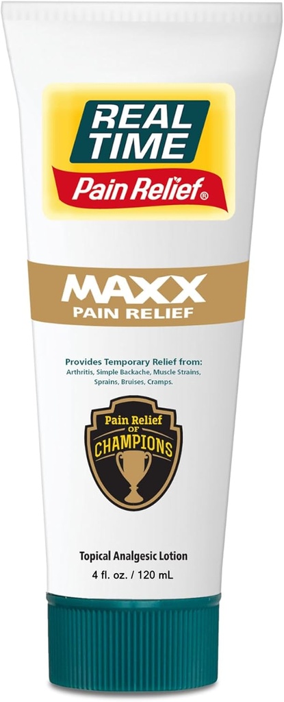 Real Time Pain Relief MAXX 4oz Tube | 18 Natural Ingredients: Arnica, Menthol & Peppermint | Maximum Strength Muscle Pain Relief Lotion for Arthritis, Hands, Ankles, Back, Shoulders, Knees & Joints