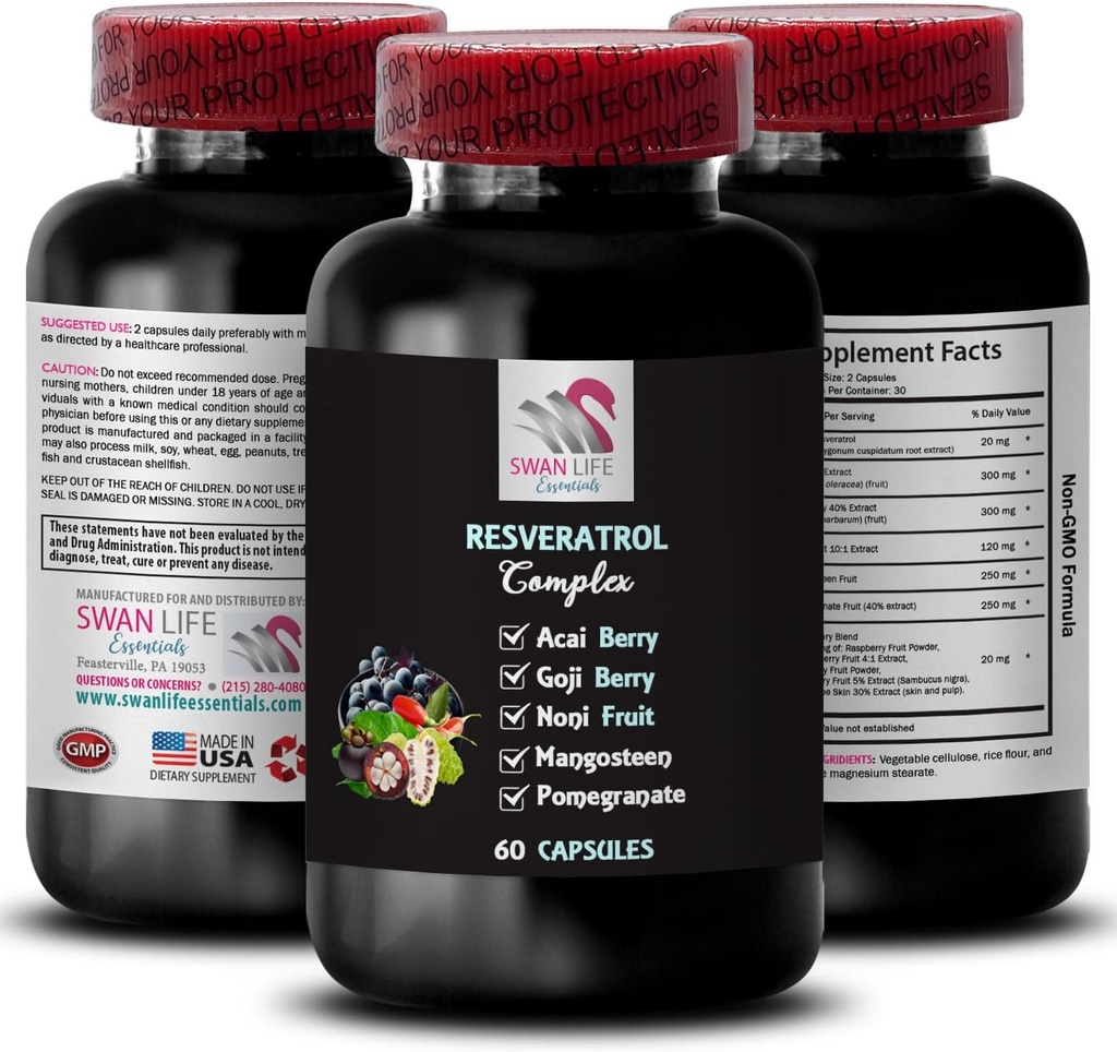 Nutritional Support - RESVERATROL COMLEX - Antioxidant Shield, Energizing Support, Goji Berry Support, Grape Skin Power, Berry Benefits, Daily Support, Acai Berry Energy, Refreshing Blend 1Bot 60Caps