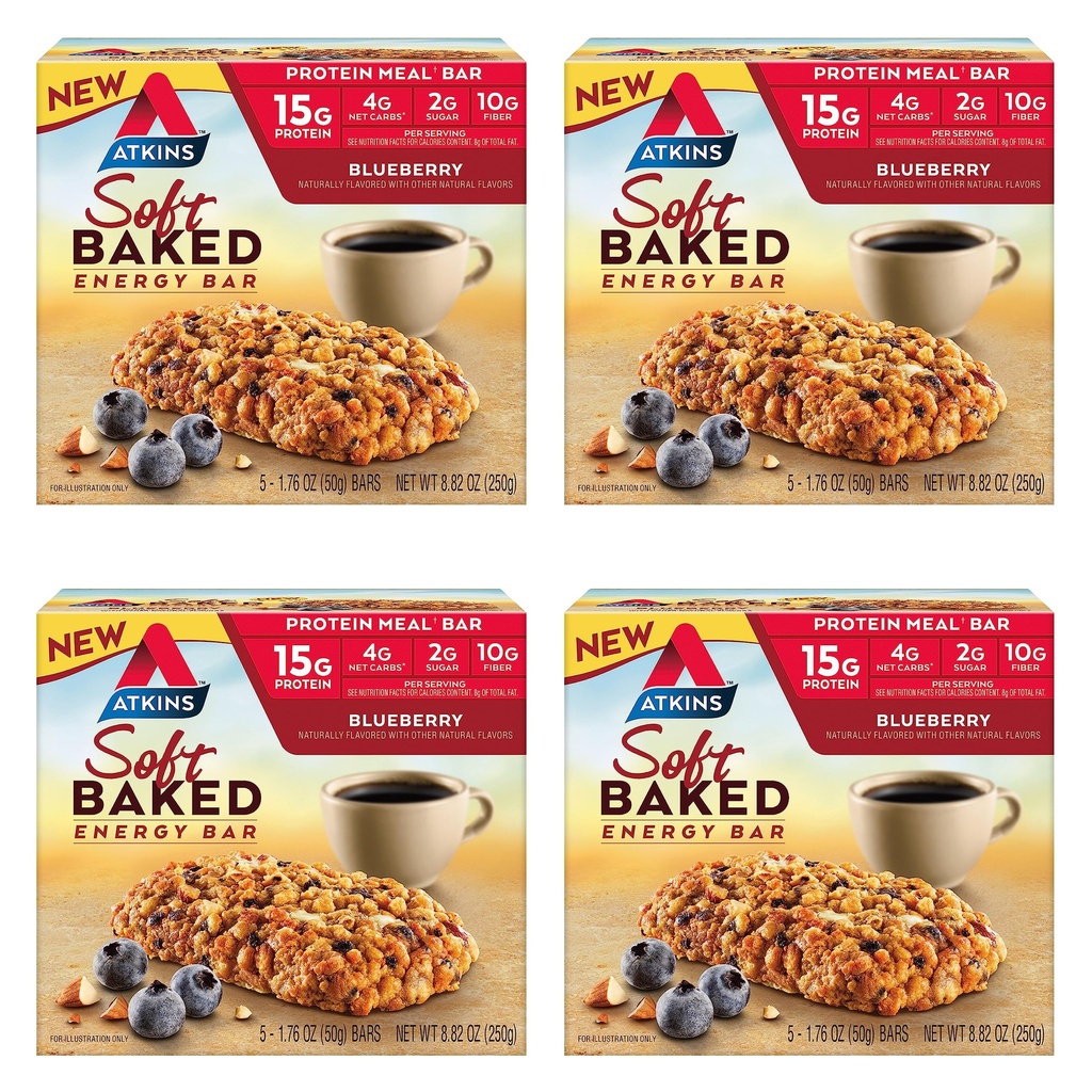 Atkins Blueberry Flavored Soft Baked Energy Bars, High in Protein Snack Bar, Low Sugar, High Fiber Snack, Protein Snack, 4 Packs (4 Bars Each)