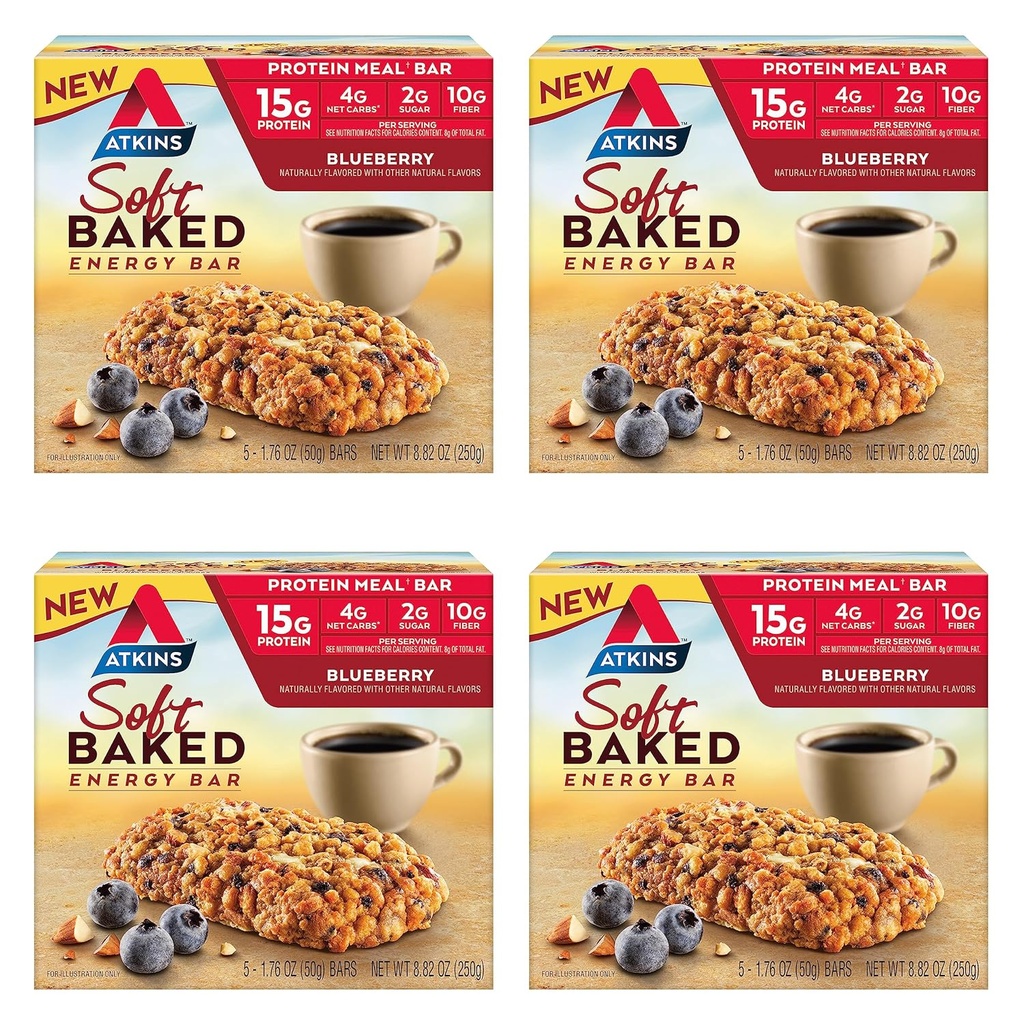 Atkins Blueberry Flavored Soft Baked Energy Bars, High in Protein Snack Bar, Low Sugar, High Fiber Snack, Protein Snack, 4 Packs (4 Bars Each)