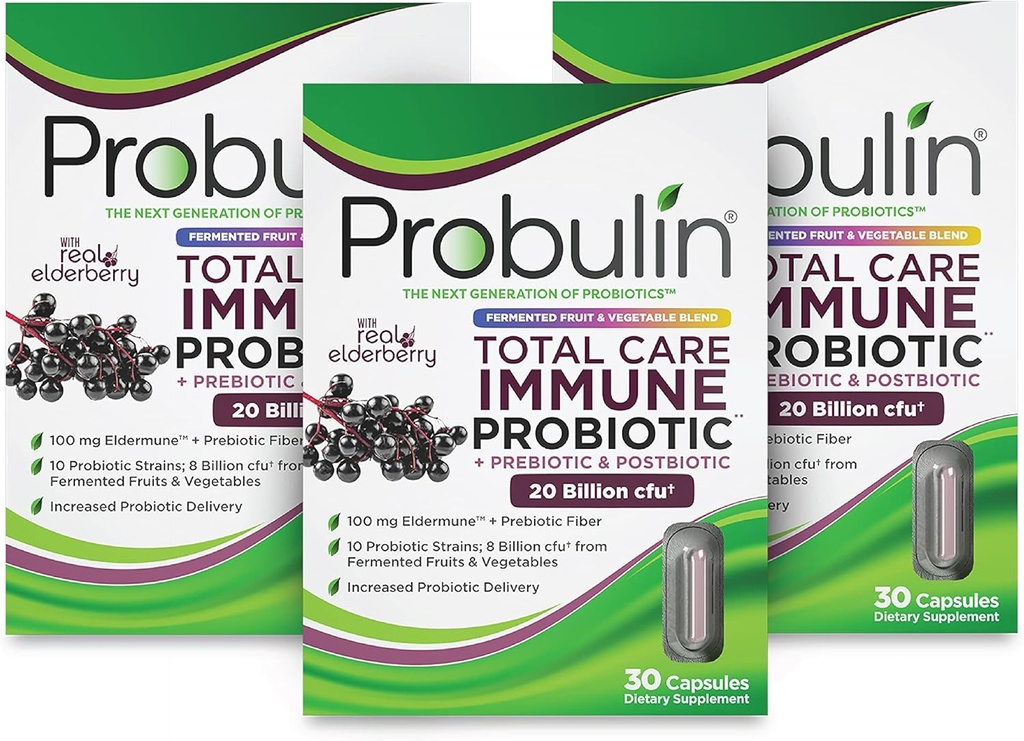 Probulin Total Care Immune = Prebiotics + Probiotics + Postbiotics + Elderberry to Support Immune & Gut Health - 20 Billion CFU - 10 Strains - 30 Vegan Capsules (Pack of 3)