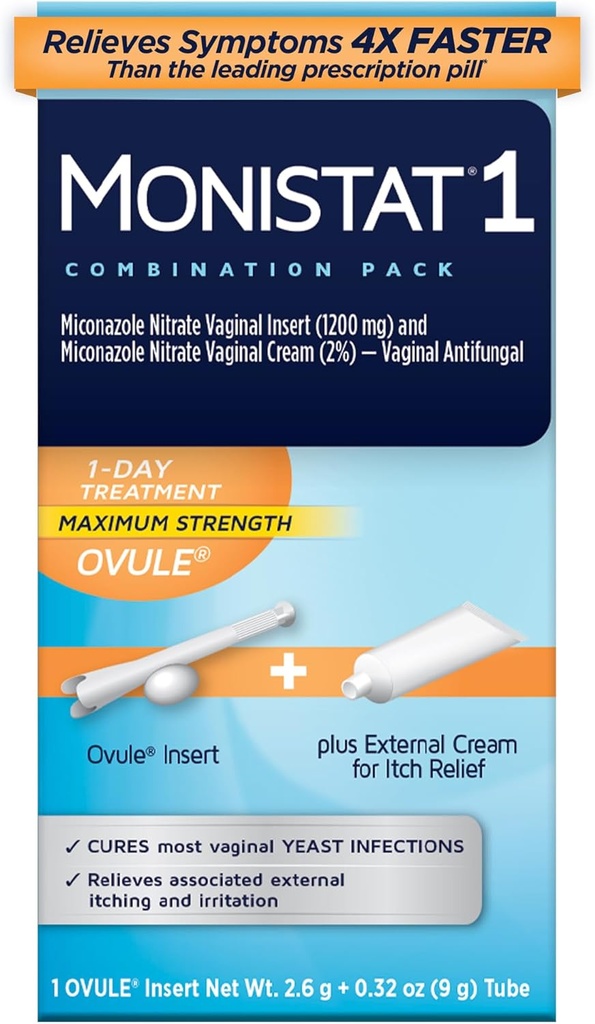 Monistat 1 Day Yeast Infection Treatment for Women, 1 Miconazole Ovule Insert & External Monistat Anti-Itch Cream Bundle