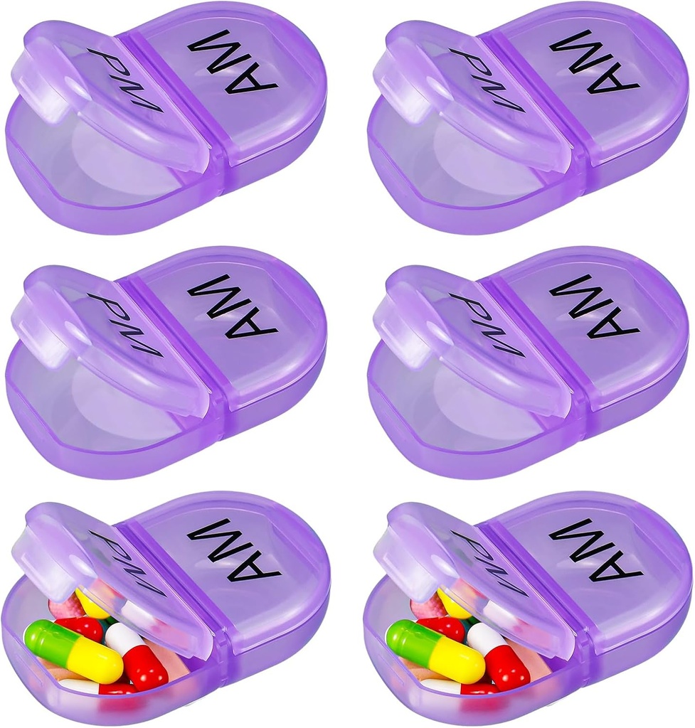 6 Pack Pill Organizer Pocket Small Case Holder Am Pm Pill Case Portable Two Compartment Round Travel 2 Times a Day for Vitamin Medication Supplement(Purple)