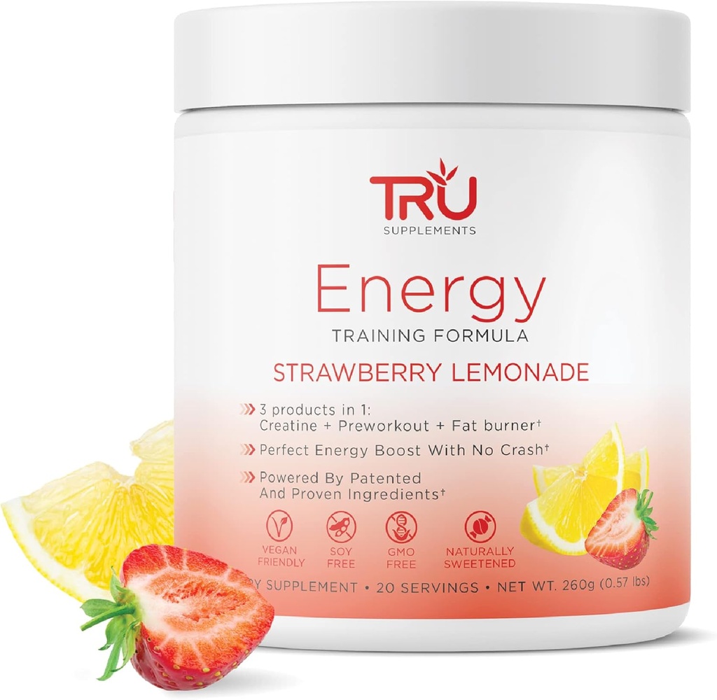 TRU Supplements Energy, Pre Workout Training Formula, Vegan Friendly, No Jitters, Improve Workout Performance, Naturally Extracted Flavors, 20 Servings (Strawberry Lemonade)