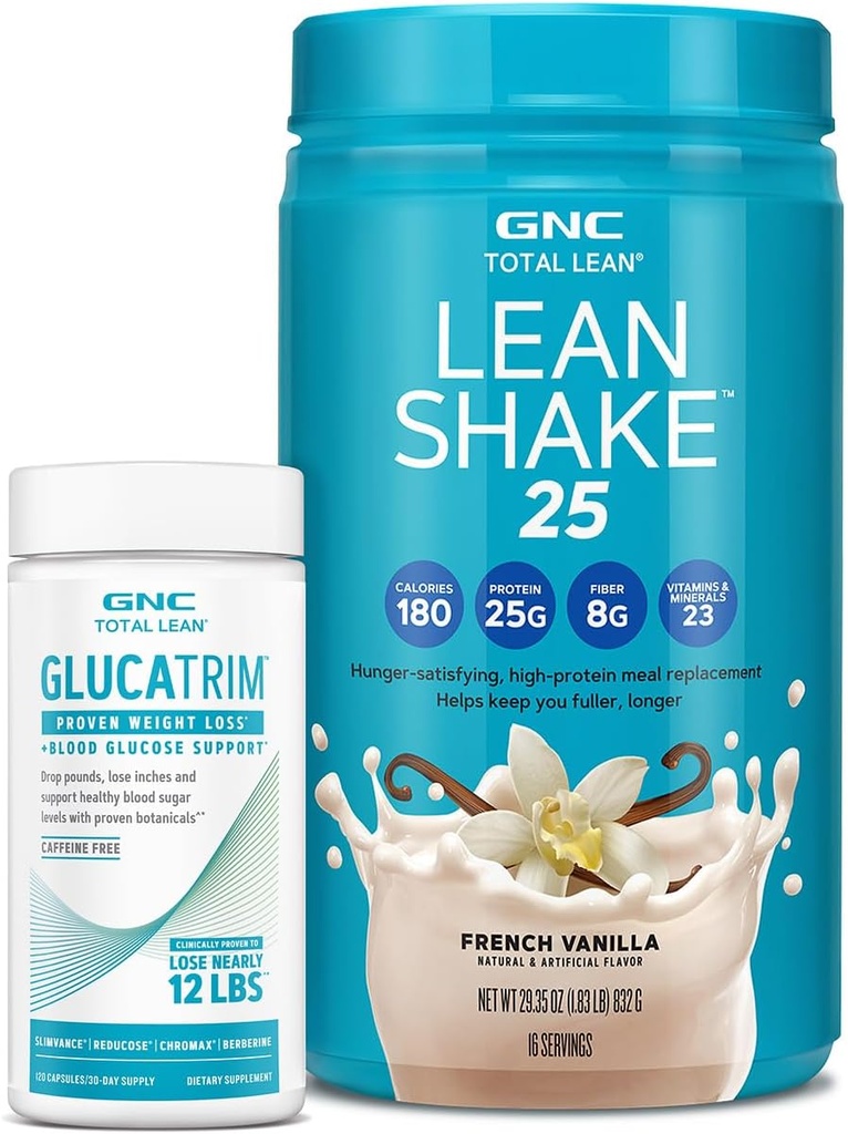 GNC Total Lean GlucaTrim - 120 Capsules (60 Servings) + GNC Total Lean | Lean Shake 25 Protein Powder | High-Protein Meal Replacement Shake | French Vanilla | 16 Servings