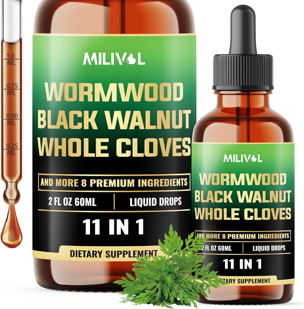Wormwood Liquid Drops - Wormwood Extract Tincture with Black Walnut, Whole Cloves & 8 More Herbs - 2 Fl Oz for 60 Days Supply