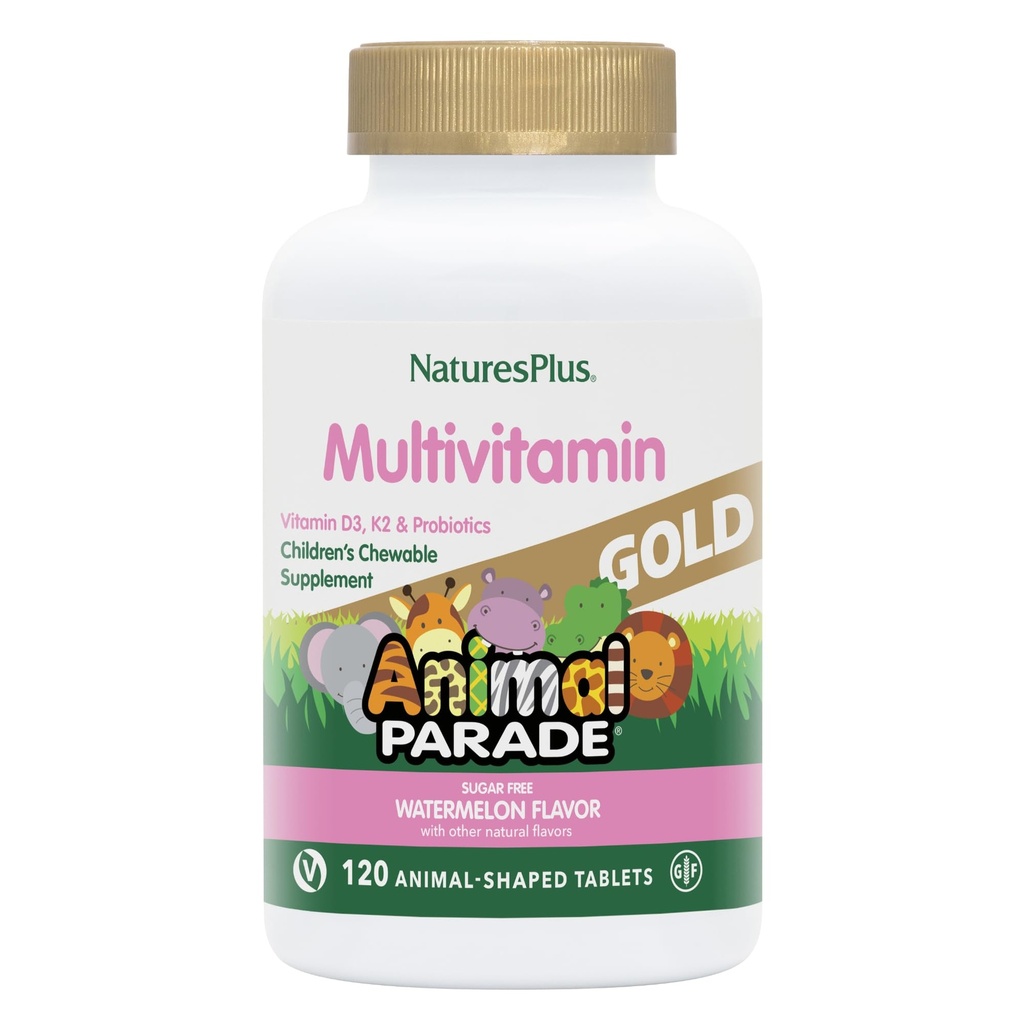 NaturesPlus Animal Parade Gold Multivitamin Children’s Chewables - Watermelon Flavor - 120 Animal-Shaped Tablets, Pack of 2 - Vitamin D3, K2 & Probiotics - Vegan, Gluten Free - 120 Total Servings
