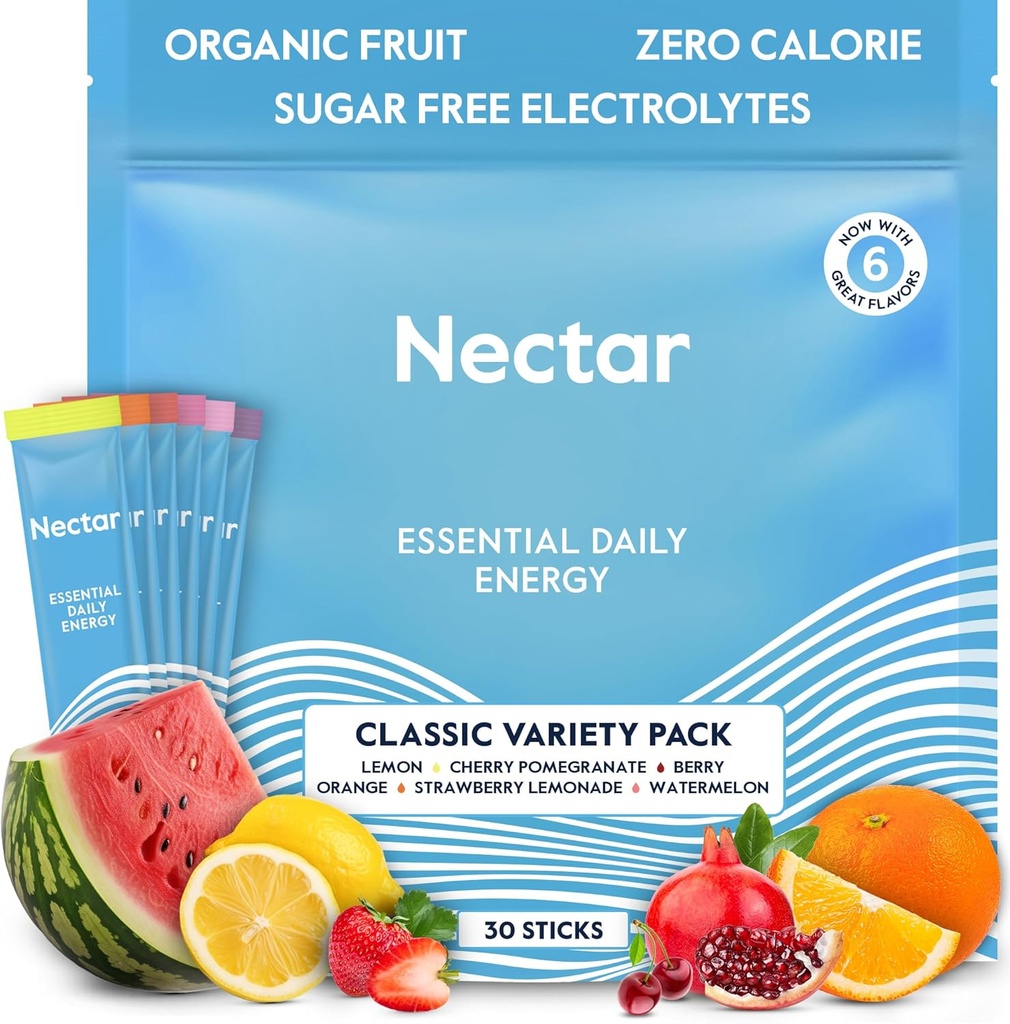 Nectar Energy Booster - Organic Caffeine, B12 & Electrolytes - Sugar Free & Zero Calorie – Healthy Coffee, Energy Drink & Soda Alternative – Hydration & Energy Supplement (Variety 30 Powder Packets)