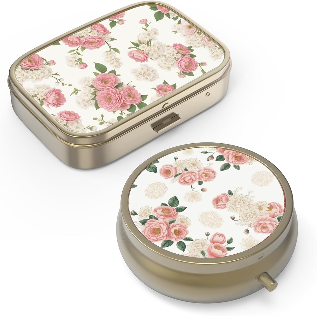 Pill Organizer Pill Box with Mirror Retro Small Pill Case for Purse or Pocket Bronze Pill Box or Vitamins, Fish Oil, Supplements, Pill Containe Travel Gifts（2PCS-Retro Pink Floral）