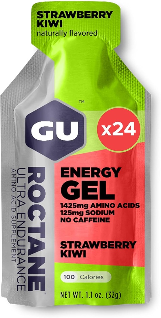 GU Energy Roctane Ultra Endurance Energy Gel, Vegan, Gluten-Free, Kosher, and Dairy-Free On-The-Go Sports Nutrition for Running, Biking, Hiking or Skiing, Strawberry Kiwi (24 Packets)
