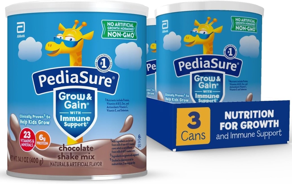 PediaSure Grow & Gain with Immune Support Shake Mix Powder, 23 Vitamins & Minerals, 6g Protein, Non-GMO, Gluten-Free, Chocolate, 14.1 oz Can, Pack of 3-24 servings