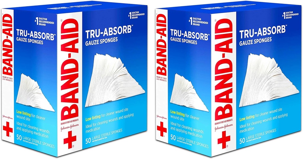 Band Aid Brand First Aid Products Tru-Absorb Sterile Gauze Sponges for Cleaning and Cushioning Wounds, Low-Lint Design, 4 inches by 4 inches, 50 Count (Pack of 2)