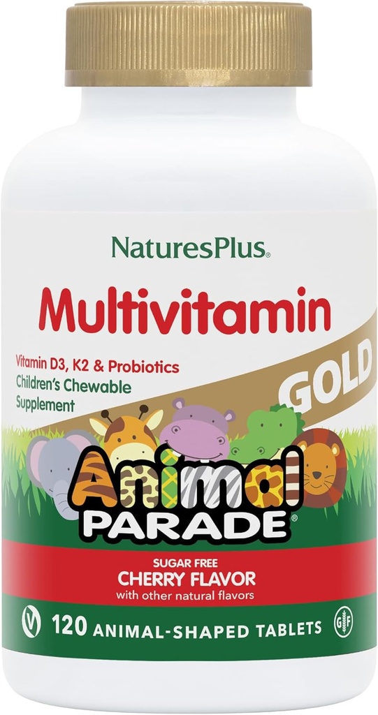 NaturesPlus Animal Parade Gold Children's Chewable Multivitamin - Natural Cherry Flavor - 120 Animal Shaped-Tablets, Pack of 2 - with Vitamin D3, K2 & Probiotics - 120 Total Servings