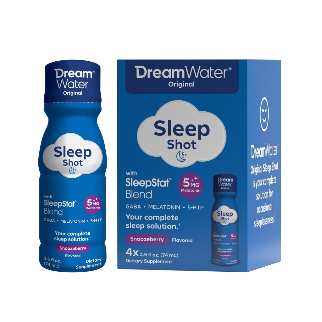 Dream Water Sleep Aid Supplement Drink; Melatonin 5mg, GABA, 5-HTP; Zero Sugar, Natural Flavors, No Added Colors, 2.5 oz Liquid Sleep Shots, Snoozeberry, 4-Count