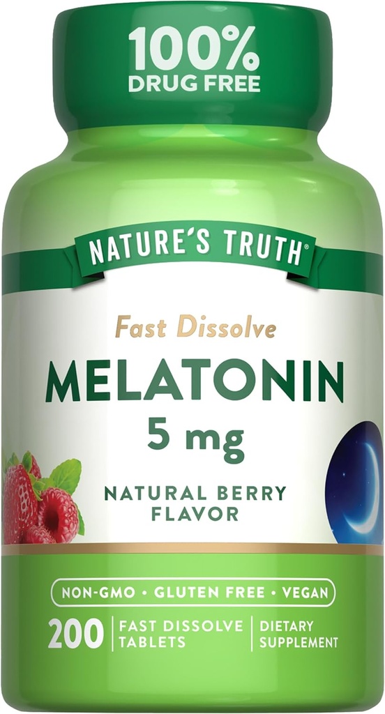 Nature's Truth Melatonin 5mg Fast Dissolve Tablets | 200 Count | Natural Berry Flavor | Vegan, Non-GMO & Gluten Free Supplement