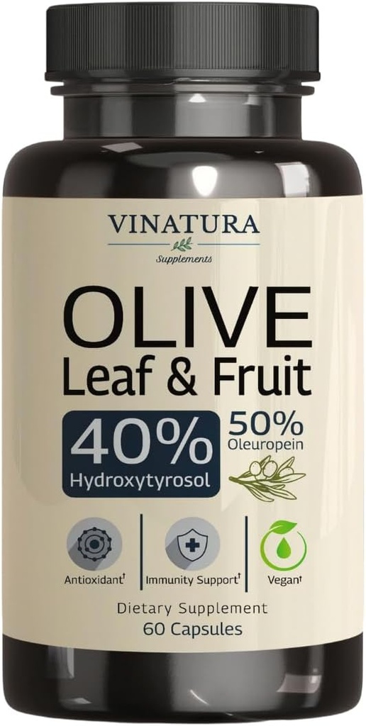 VINATURA Hydroxytyrosol Supplement, Olive Leaf Extract - 40% Hydroxytyrosol Olive Fruit Extract, 50% Oleuropein Olive Leaf Extract Capsules - 60 Capsules