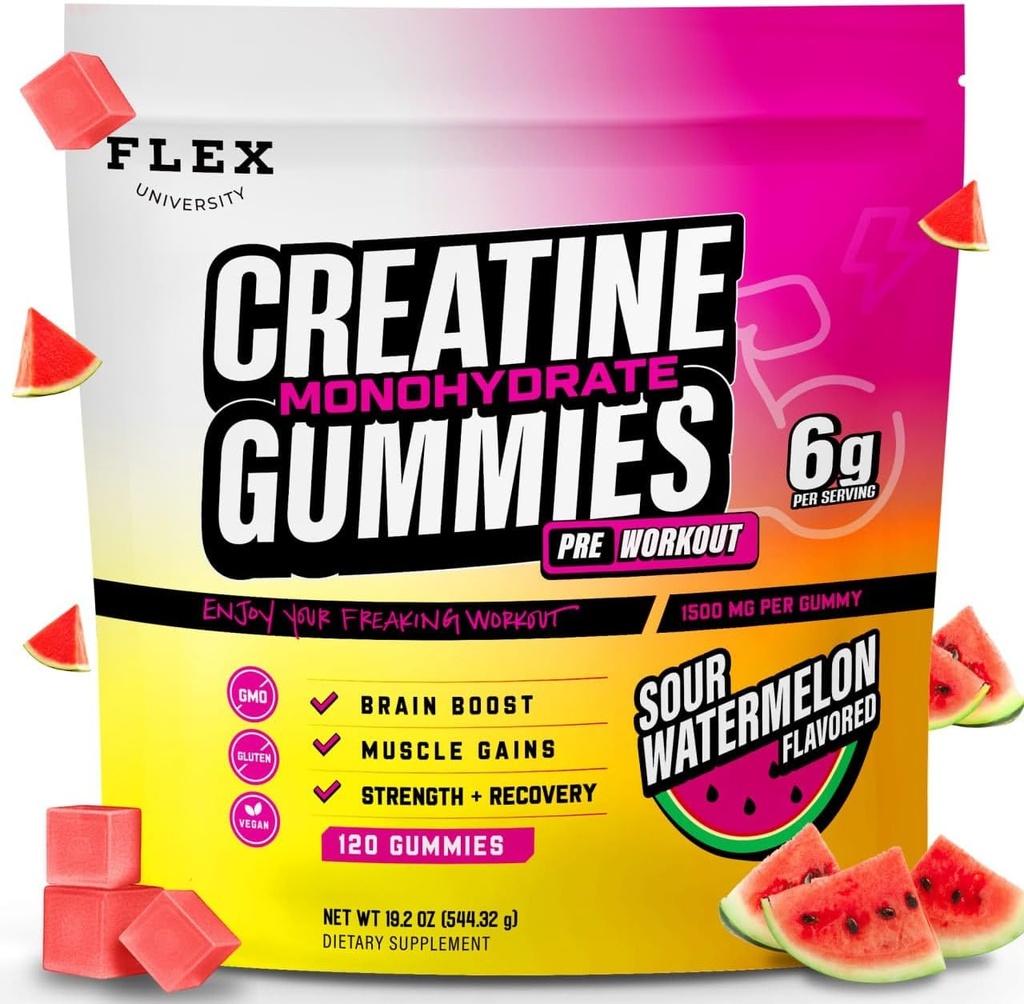 Creatine PreWorkout Gummies for Men Women 6g, Creatine Monohydrate Pre Post Workout Recovery Muscle Building Supplement Protein Chewables, Vegan Watermelon Creatina Gym Booty Growth Gains (120 Ct)