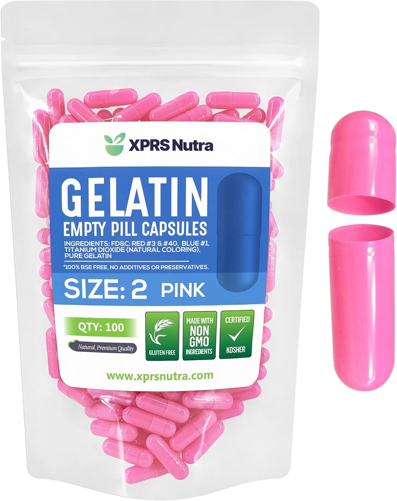 XPRS Nutra Size 2 Empty Capsules - 100 Count Empty Gelatin Capsules - Pills DIY Capsule Filling - Pure Bovine Pill Gel Caps for Do-It-Yourself Supplements (Pink)