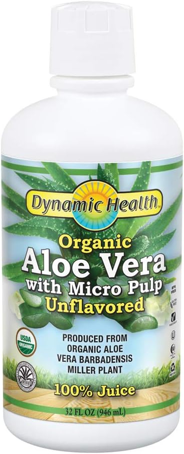 Dynamic Health Organic Aloe Vera Juice w/Micro Pulp, Unflavored | No Added Sugar, Artificial Color or Sweeteners, No Gluten or BPA | 32oz, 8 Serv