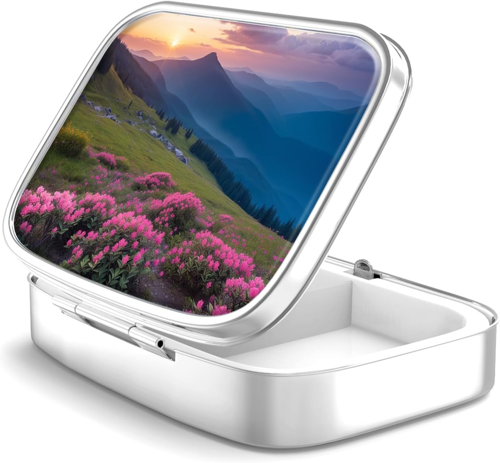 Pill Box 2 Compartment Small Pill Case,Portable for Pocket or Purse Pill Organizer Pill Container Holder to Hold Vitamins, Medication, Fish Oil and Supplements(Mountain)