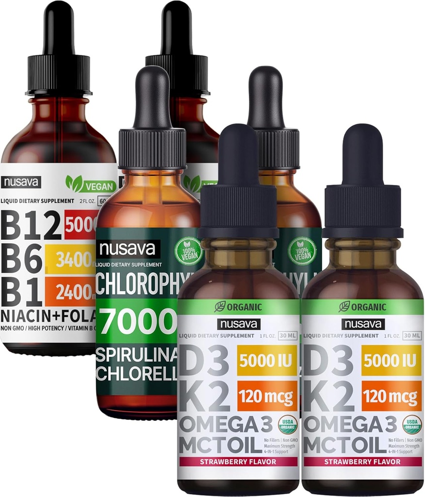 NUSAVA Strawberry Flavored D3 K2, Chlorophyll, & Vitamin B12 Liquid Drops Bundle - Potent Liquid Vitamins for Heart, Energy, Brain & Immune Support - Non-GMO, Gluten-Free, 2pk Each