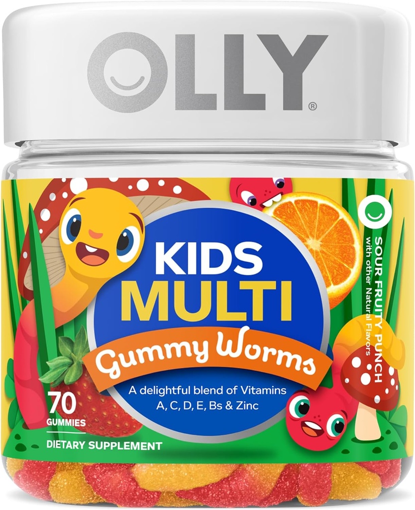 OLLY Kids Multivitamin Gummy Worms Sour Fruit Punch Vitamins A C D E Bs Zinc 45 Day Supply 70 Count