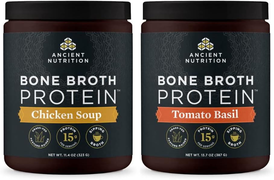 Ancient Nutrition Bone Broth Protein Powder, Chicken Soup, 15 Servings + Bone Broth Protein Powder, Tomato Basil, 15 Servings