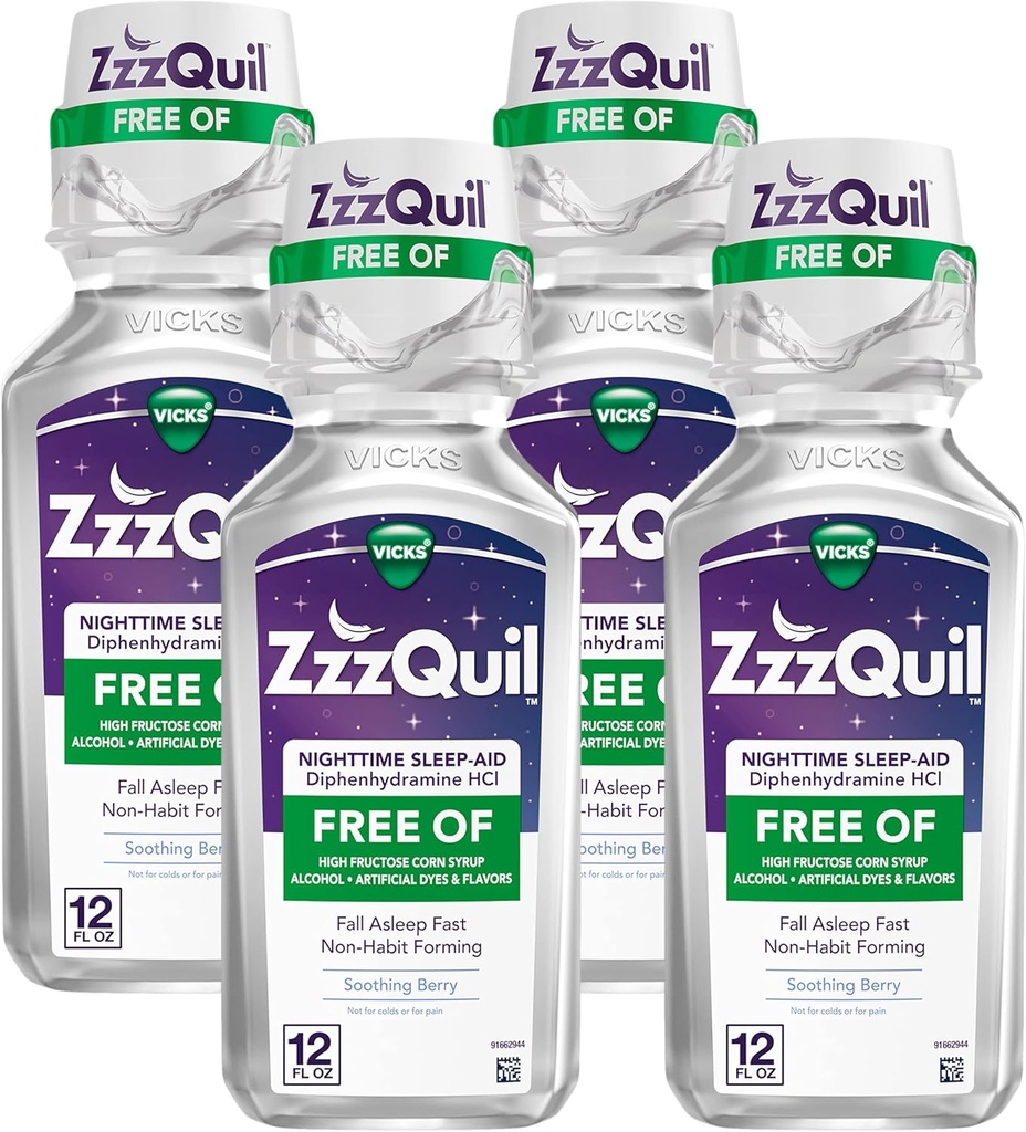 ZzzQuil, Nighttime Sleep Aid Liquid, FREE OF Alcohol & Artificial Dyes, 50 mg Diphenhydramine HCl, No1 Sleep Aid Brand, Fall Asleep Fast, Non-Habit Forming, Soothing Berry Flavor, 12 FL OZ (Pack of 4)