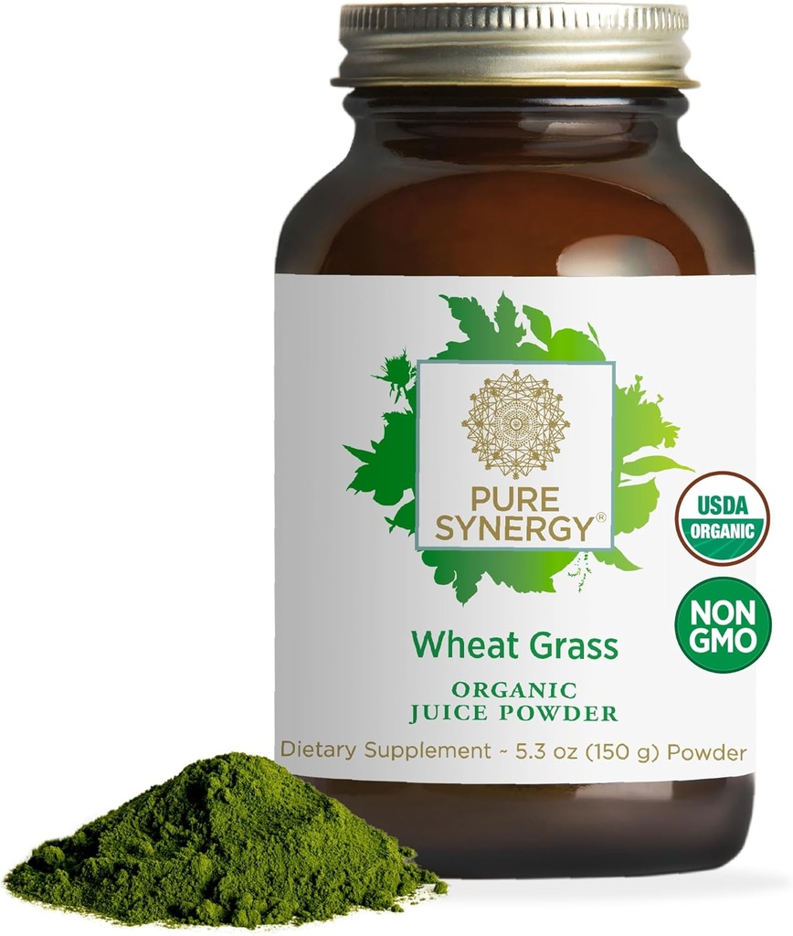 PURE SYNERGY Organic Wheat Grass Juice Powder | Chlorophyll-Rich Green Juice Powder | Raw Organic USA Wheat Grass | for Energy, Alkaline Balance, and Digestion Support (5.3 oz.)
