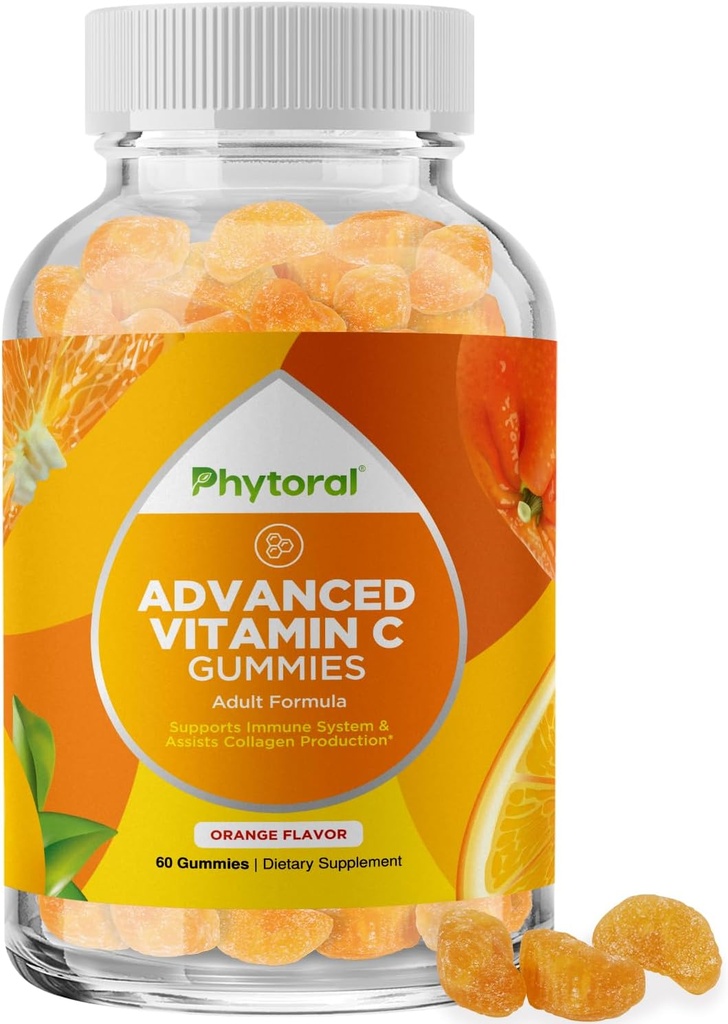 Phytoral Natural Vitamin C Gummies for Adults - High Potency Vitamin C Immune Support Gummies - Ascorbic Acid Chewable Immune Booster for Adults with Powerful Brain Vitamins Supplements