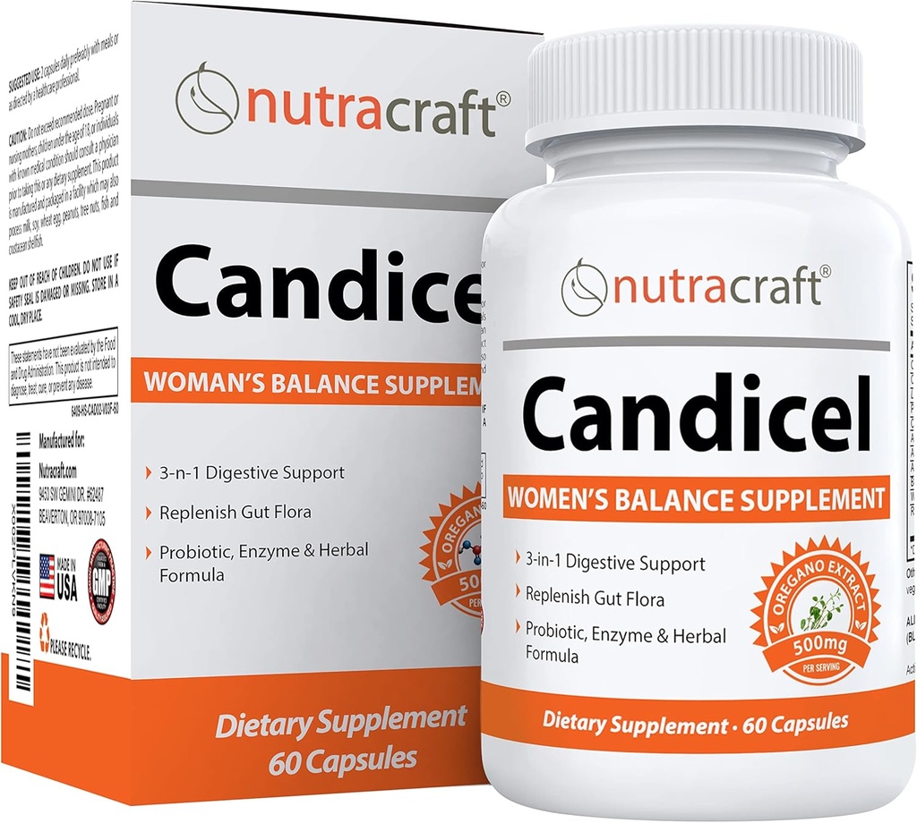 Nutracraft Candicel #1 Intestinal Flora Supplement | Caprylic Acid, Oregano, Wormwood, Black Walnut & Probiotics for Overgrowth Support | 60 Capsules (Non-GMO)