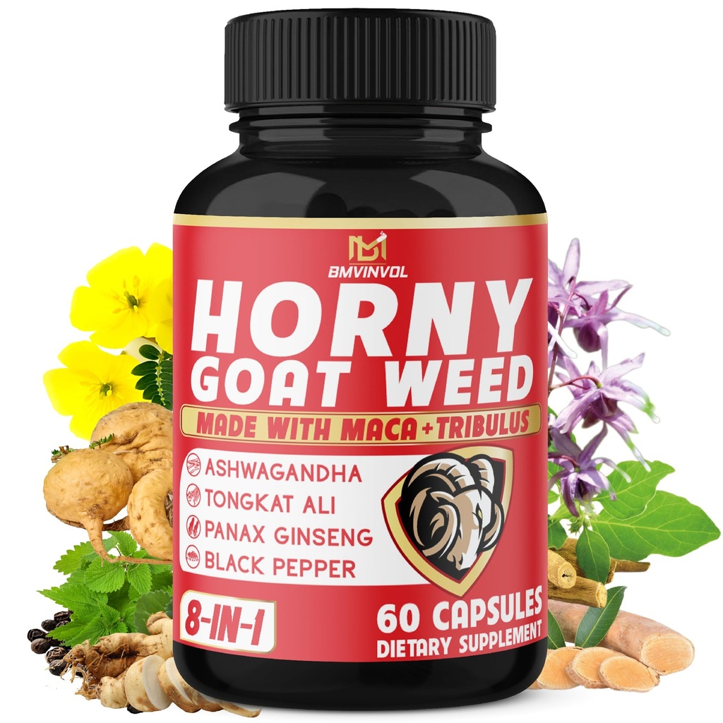 BMVINVOL Horny Goat Weed Capsules with Tribulus, Ginseng, Ashwagandha, Maca, Tongkat Ali, Nettle, Black Pepper - 60 Count