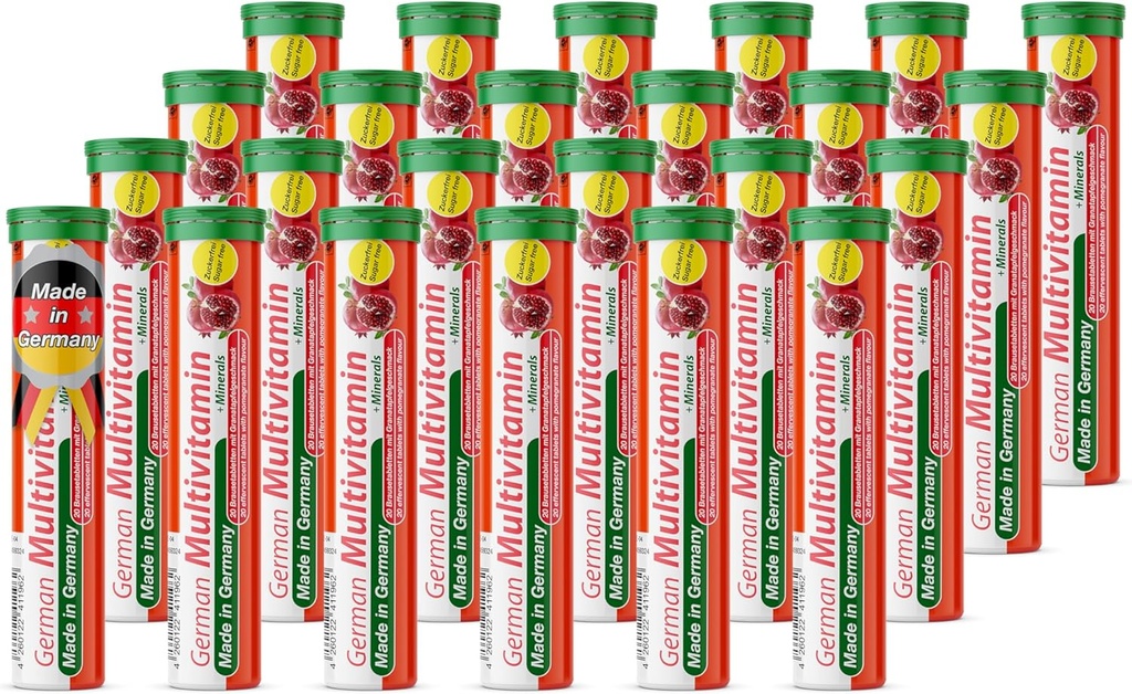 German Multvitamin + Minerals 10 Vitamins 2 Minerals - 480 Vegan Drink Effervescent Tablets - Pomegranate Flavor - Made in Germany