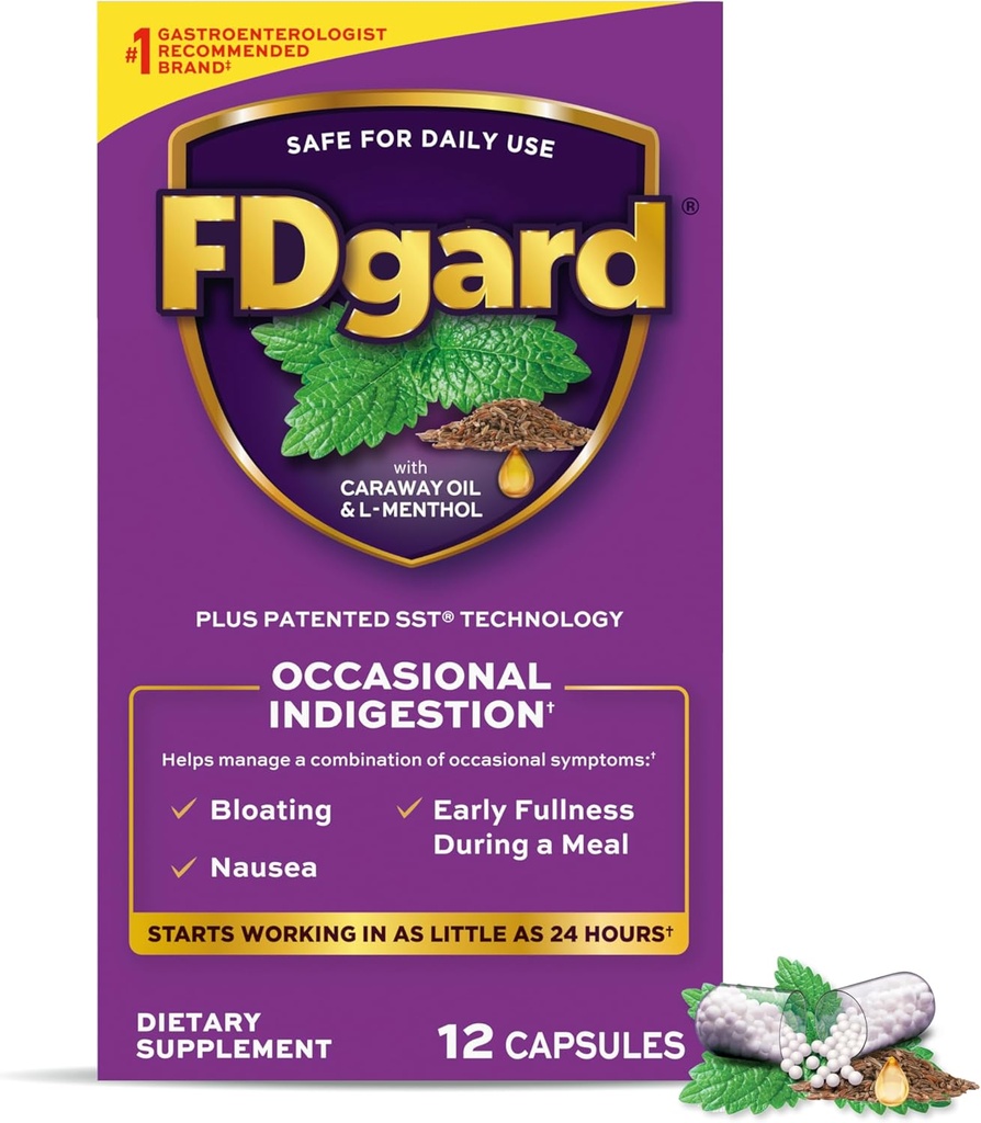 FDgard Gut Health Supplement, Indigestion, Nausea & Bloating, Upset Stomach, 12 Capsules