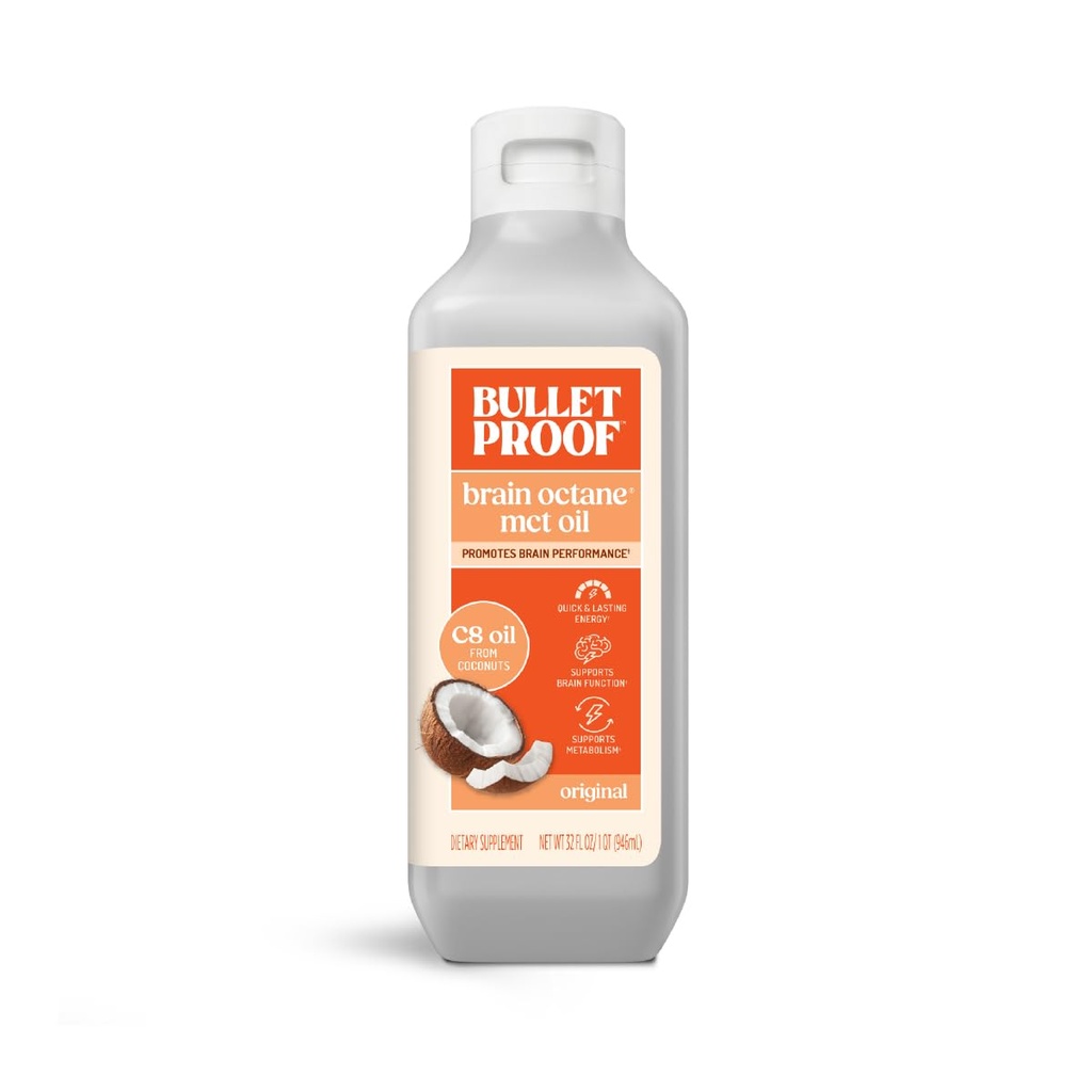 Bulletproof Brain Octane C8 MCT Oil, 32 oz – 100% Pure Coconut Oil, Triple-Distilled Keto Energy Supplement for Coffee & Smoothies, Unflavored, No Additives or Fillers, Non-GMO