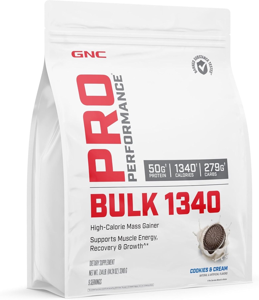 GNC Pro Performance Bulk 1340 Mass Gainer Protein Powder, 50g, Gluten Free, Whey, Creatine, BCAA, 3rd Party Tested, Muscle Recovery & Growth, Micronutrients, Cookies and Cream, 9 Servings