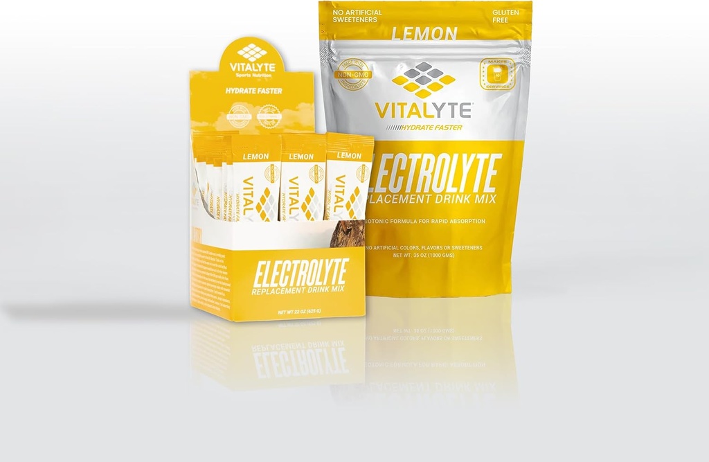 Vitalyte Electrolyte Powder Drink Mix Bundle, 1 Standup Pouch + 25 Count Packet, Gluten Free Post Workout Powder Drink Mix, Lemon Flavor