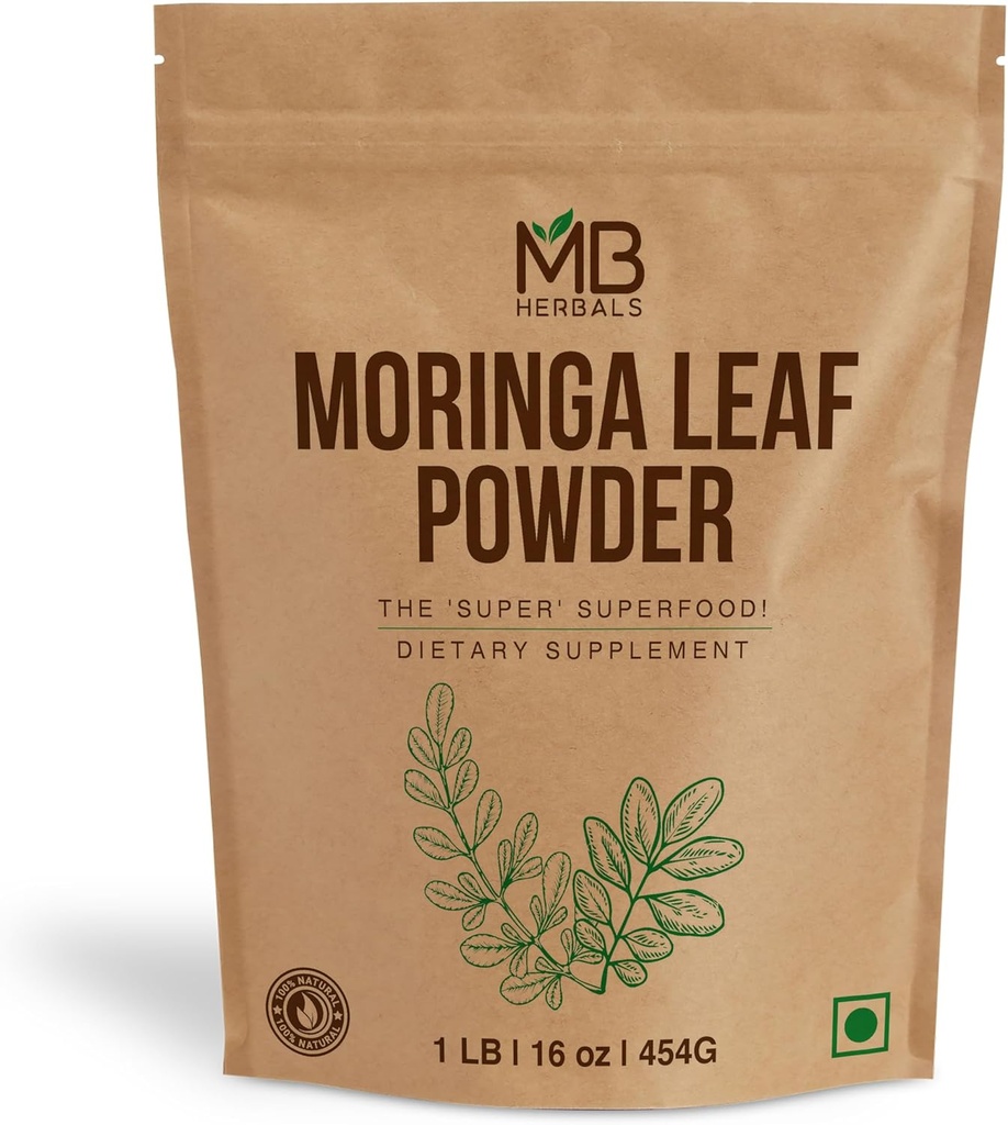 MB Herbals Moringa Leaf Powder 1 lb / 16 oz (454 Gram) | 100% Pure Moringa Powder | Easily Mixes in Drinks & Smoothies | No Preservatives