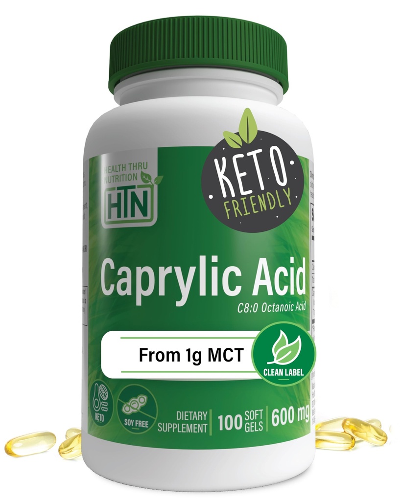 Health Thru Nutrition Caprylic Acid 600mg 100 Softgels | C8 Octanoic Acid from Pure 1g MCT Oil | Non-GMO & Soy Free | Support Healthy Digestive and Intestinal Health | Keto Friendly